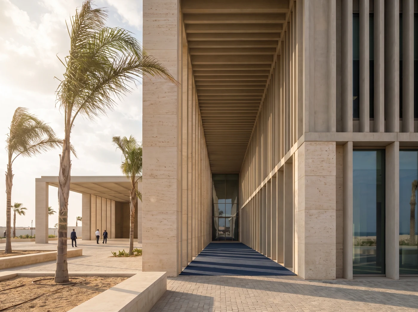 Contemporary civic architecture with a shaded colonnade
